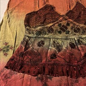 Brown and Red Ruffled Bustier Sleeveless Blouse